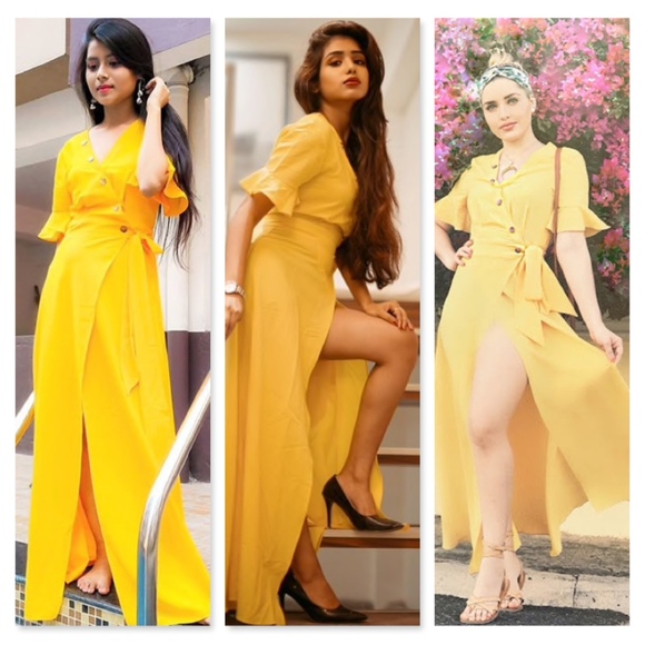 Button Up V-Neck Maxi Wrap Dress Side Tie Yellow - Picture 6 of 8